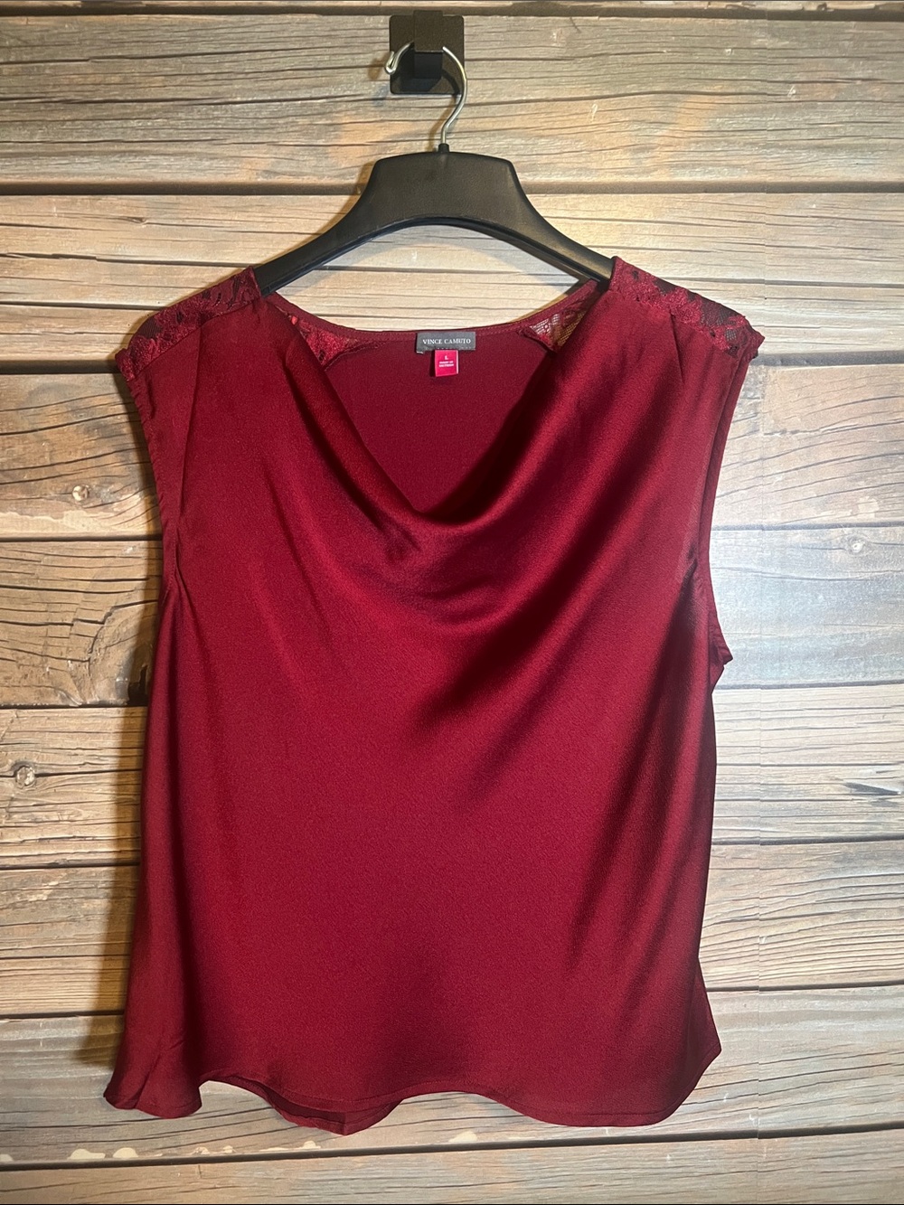 Vince Camuto Burgundy Cowl Neck Lace-Trim Sleeveless Top Like New Size L